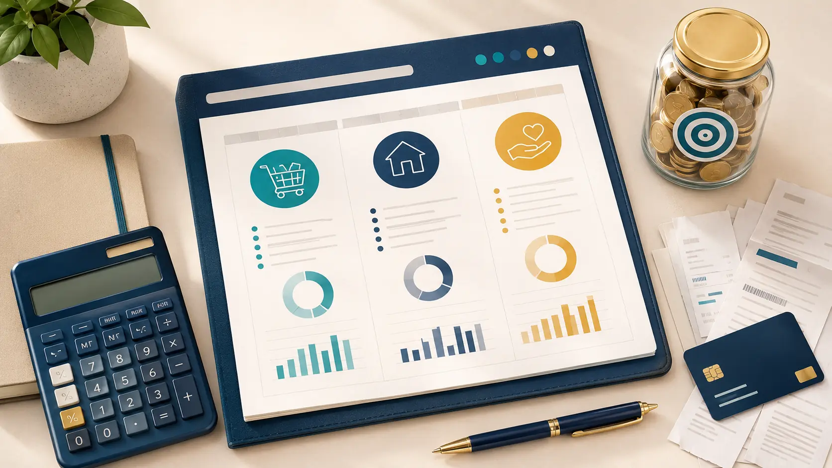 Editorial budgeting illustration with a monthly planning sheet, calculator, receipts, payment card, and savings jar.