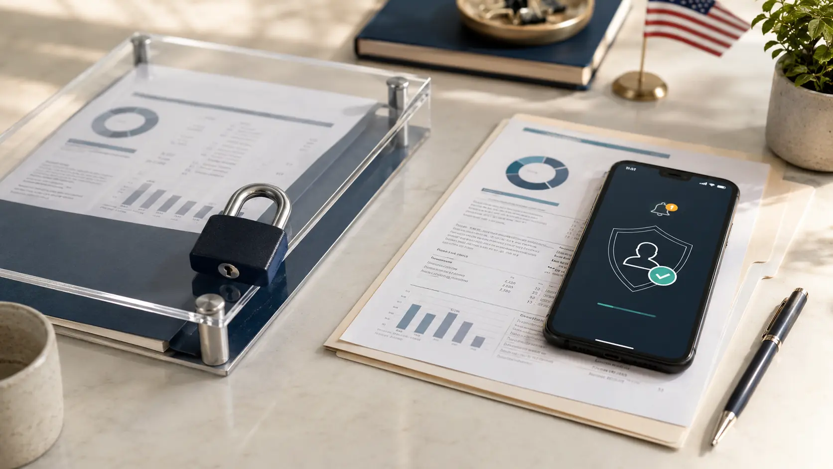 Locked credit file beside a smartphone identity-verification alert, comparing a credit freeze with a fraud alert.