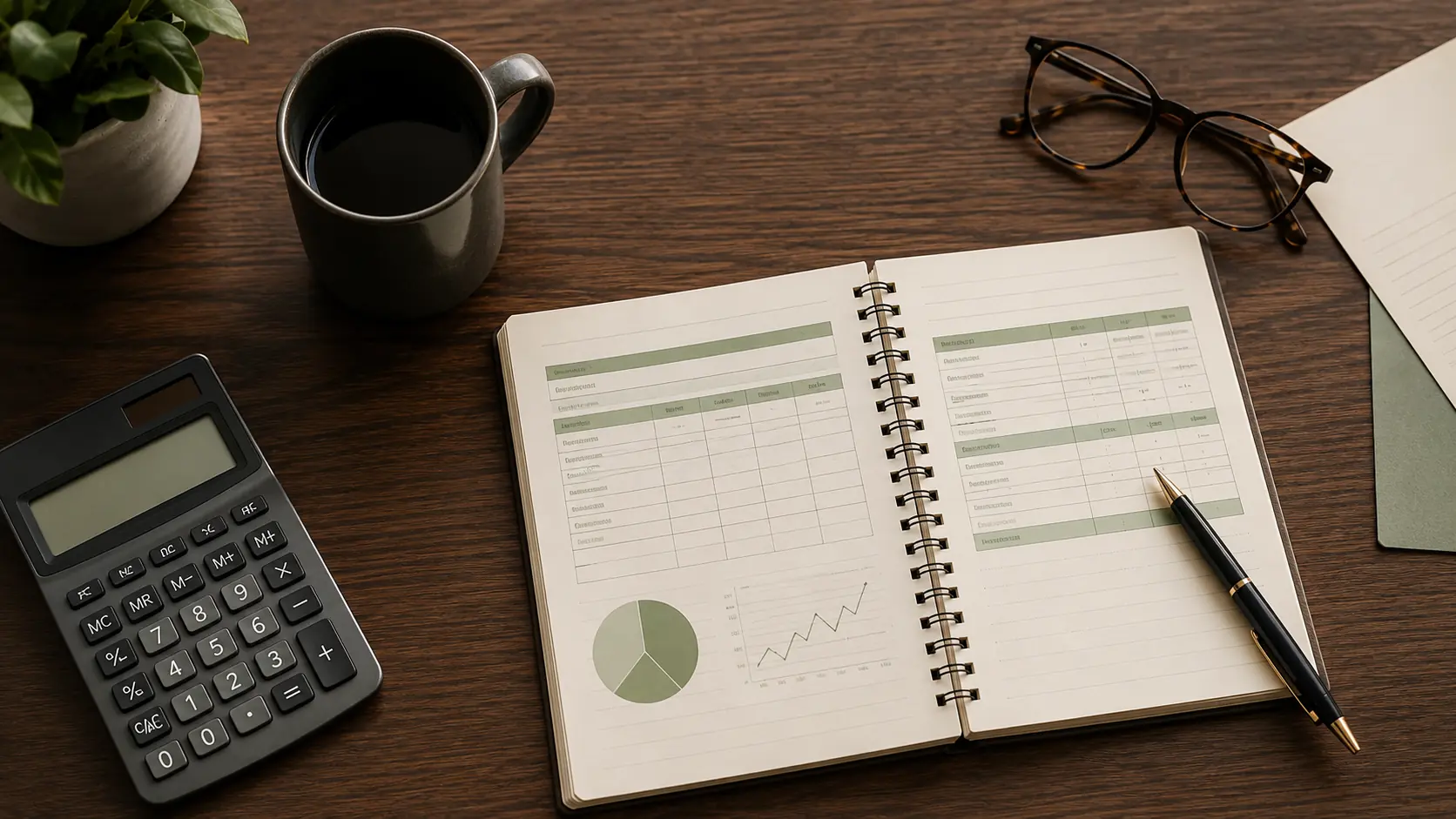 Overhead budgeting workspace with a calculator, planning notebook, coffee, and eyeglasses.