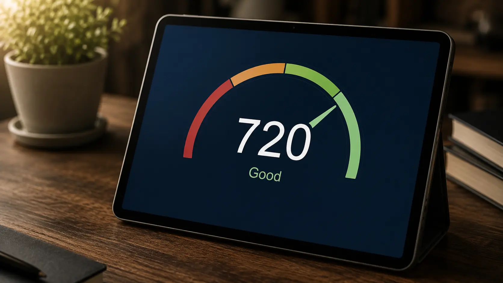 Tablet displaying a credit score of 720 on a dark financial dashboard.