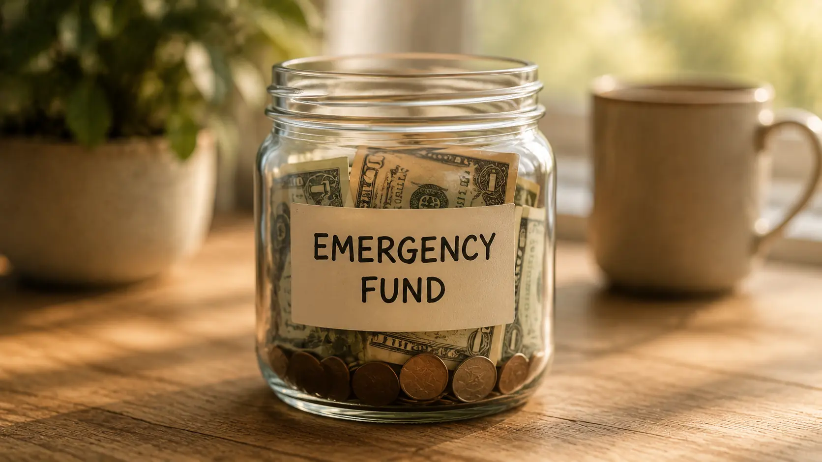Glass jar labeled Emergency Fund filled with cash and coins on a warm desk.