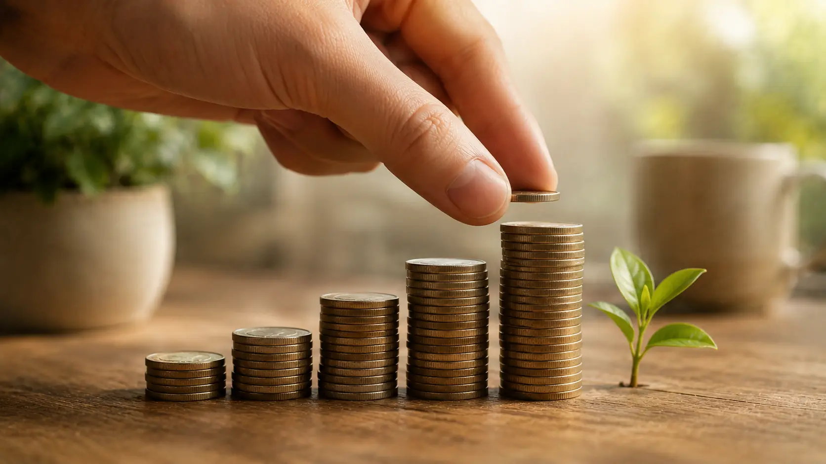 Hand adding a coin to rising stacks beside a small green sprout.