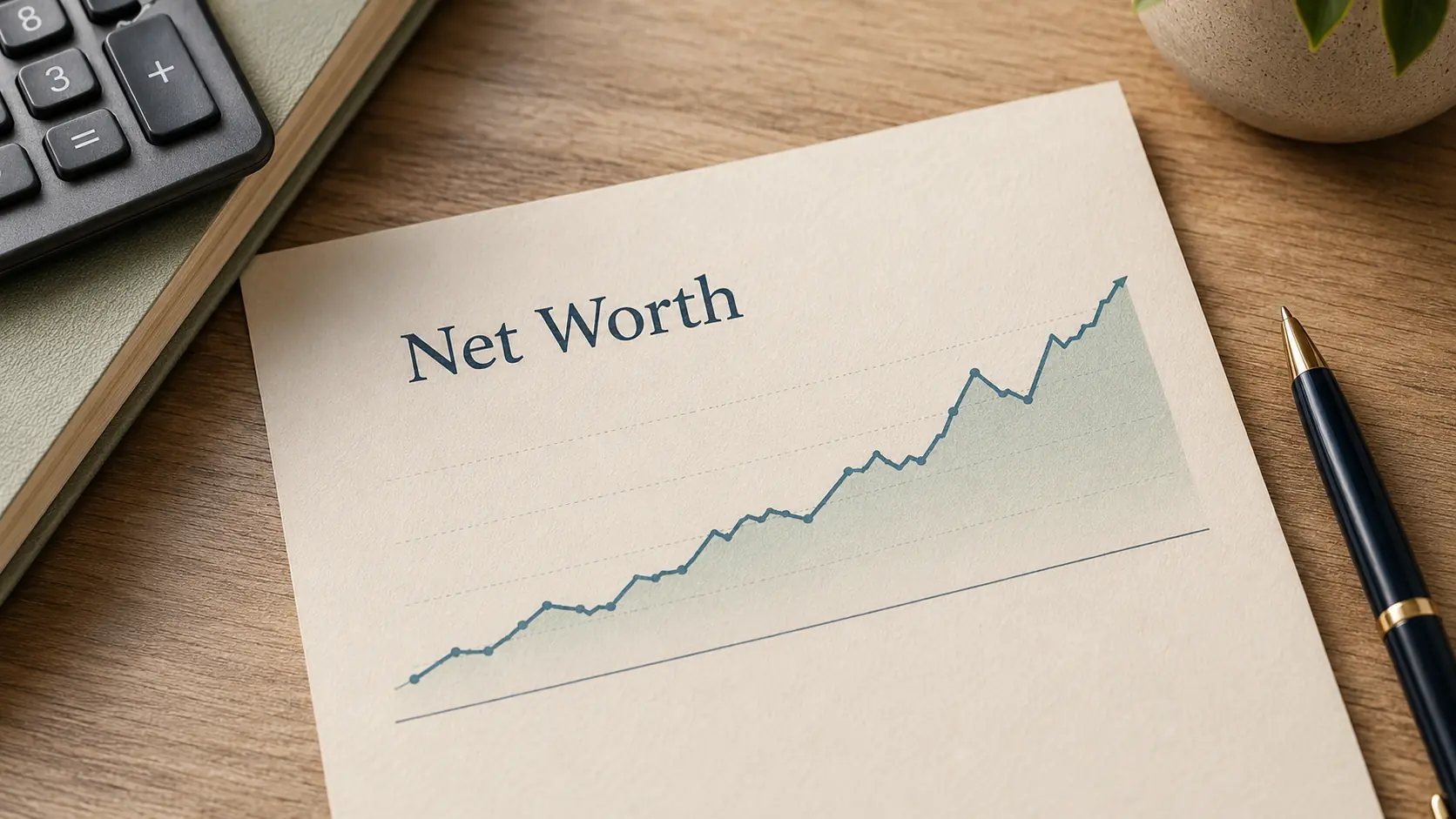 Net worth report with a rising line chart, calculator, notebook, and pen.