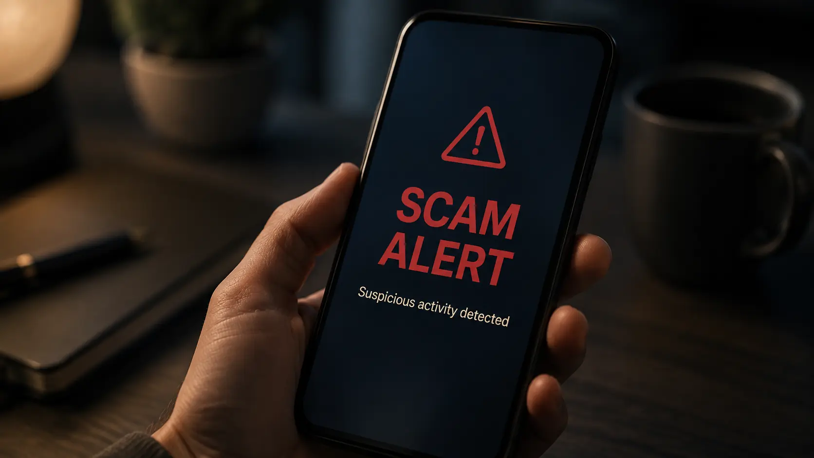 Smartphone displaying a scam alert and suspicious-activity warning.