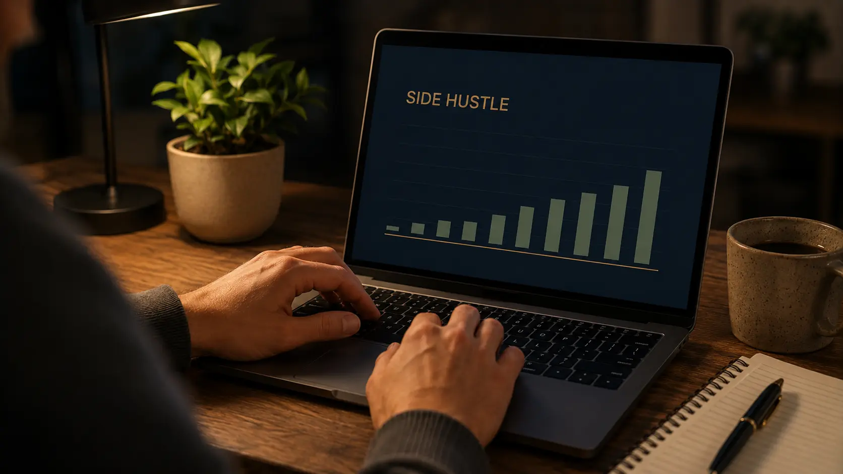 Person working on a laptop displaying a simple side-hustle earnings chart.