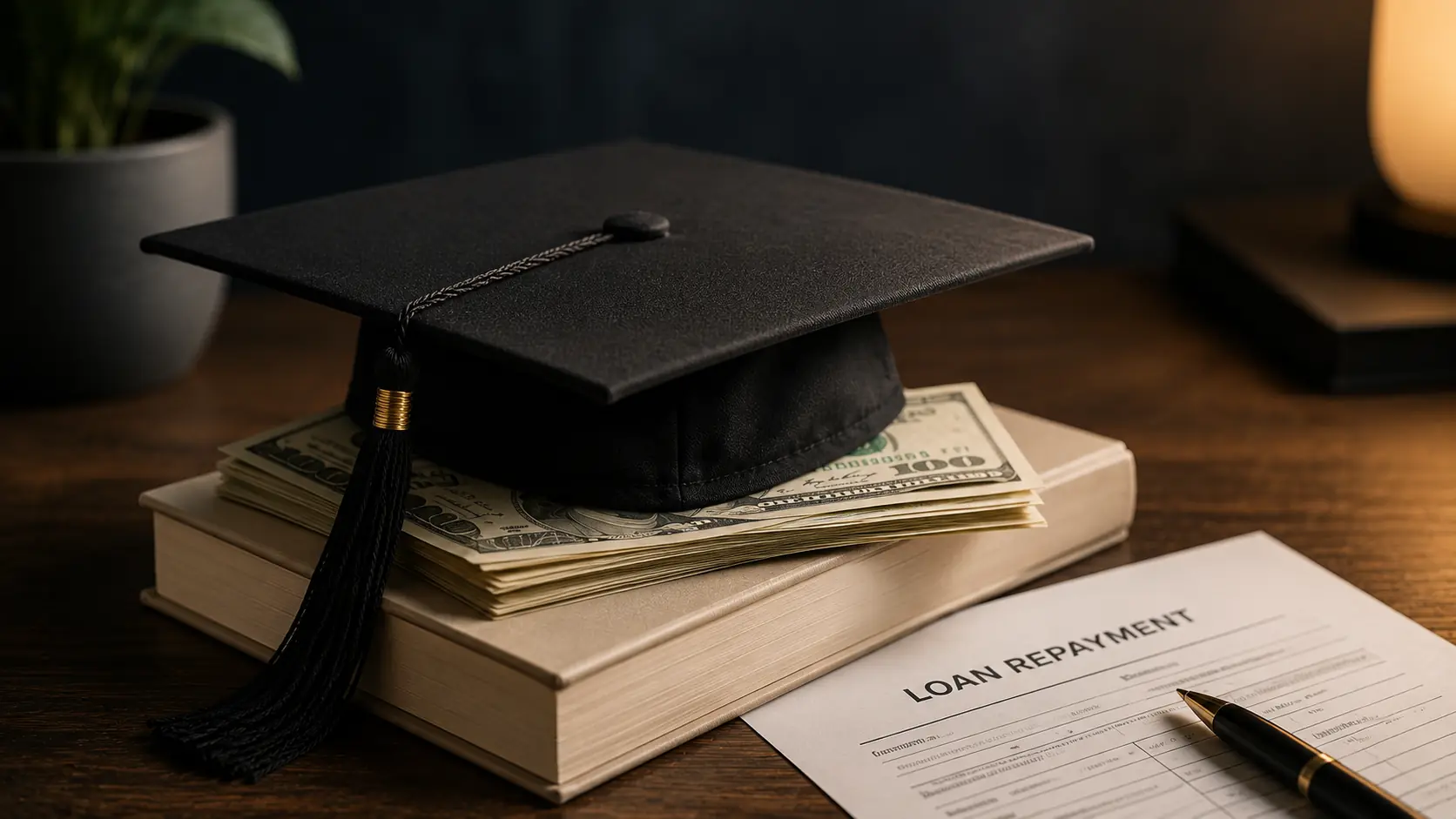 Graduation cap, cash, textbook, and loan-repayment document on a desk.