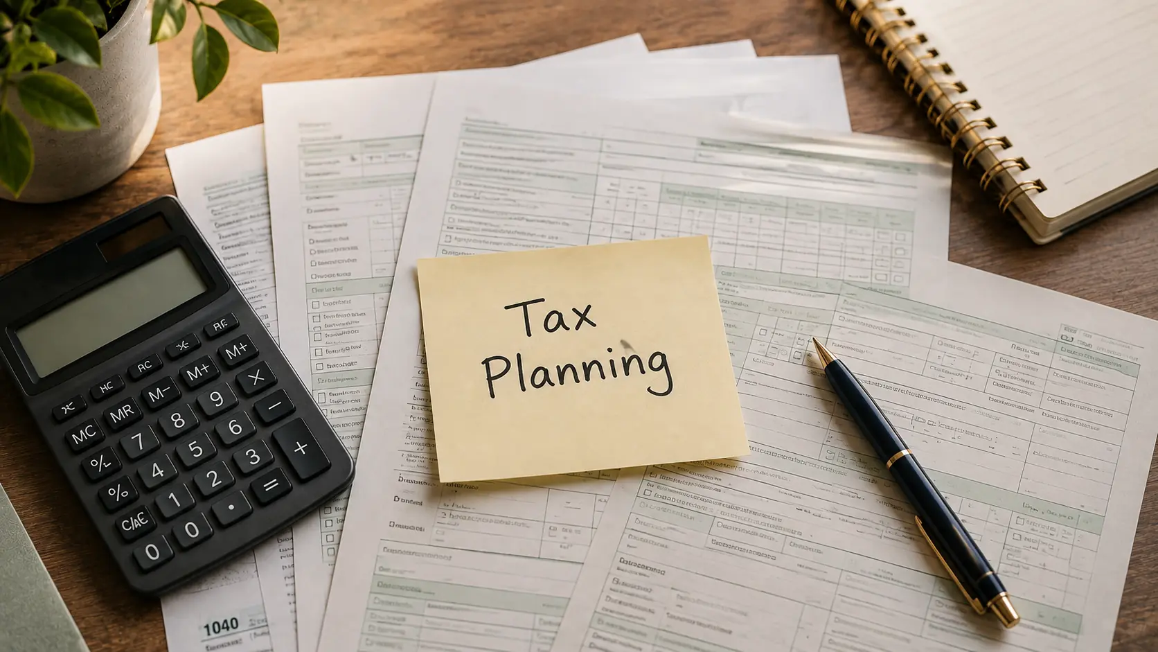 Tax forms, calculator, pen, and a note labeled Tax Planning arranged on a desk.