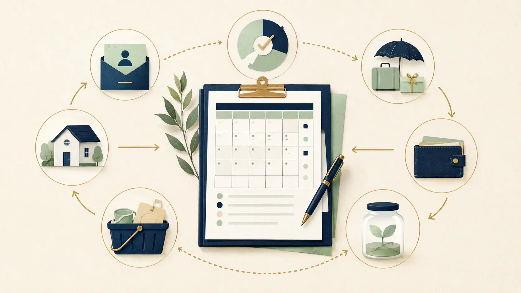 Monthly budget workflow connecting after-tax income with bills, everyday spending, savings, debt payments, and a monthly review.