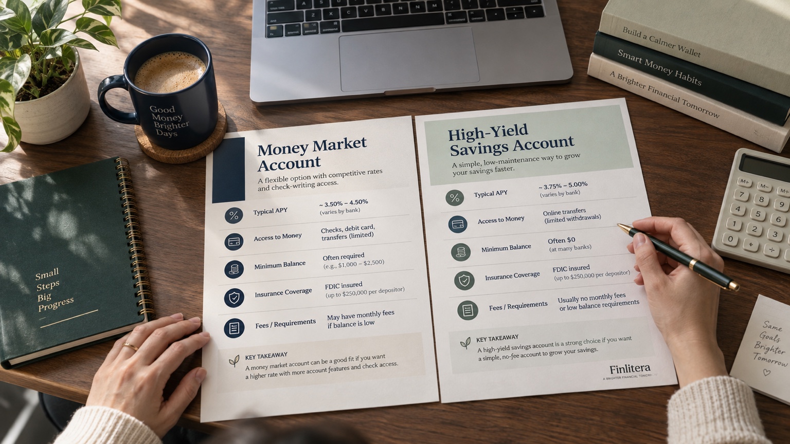 Person comparing money market and high-yield savings account options at a desk.