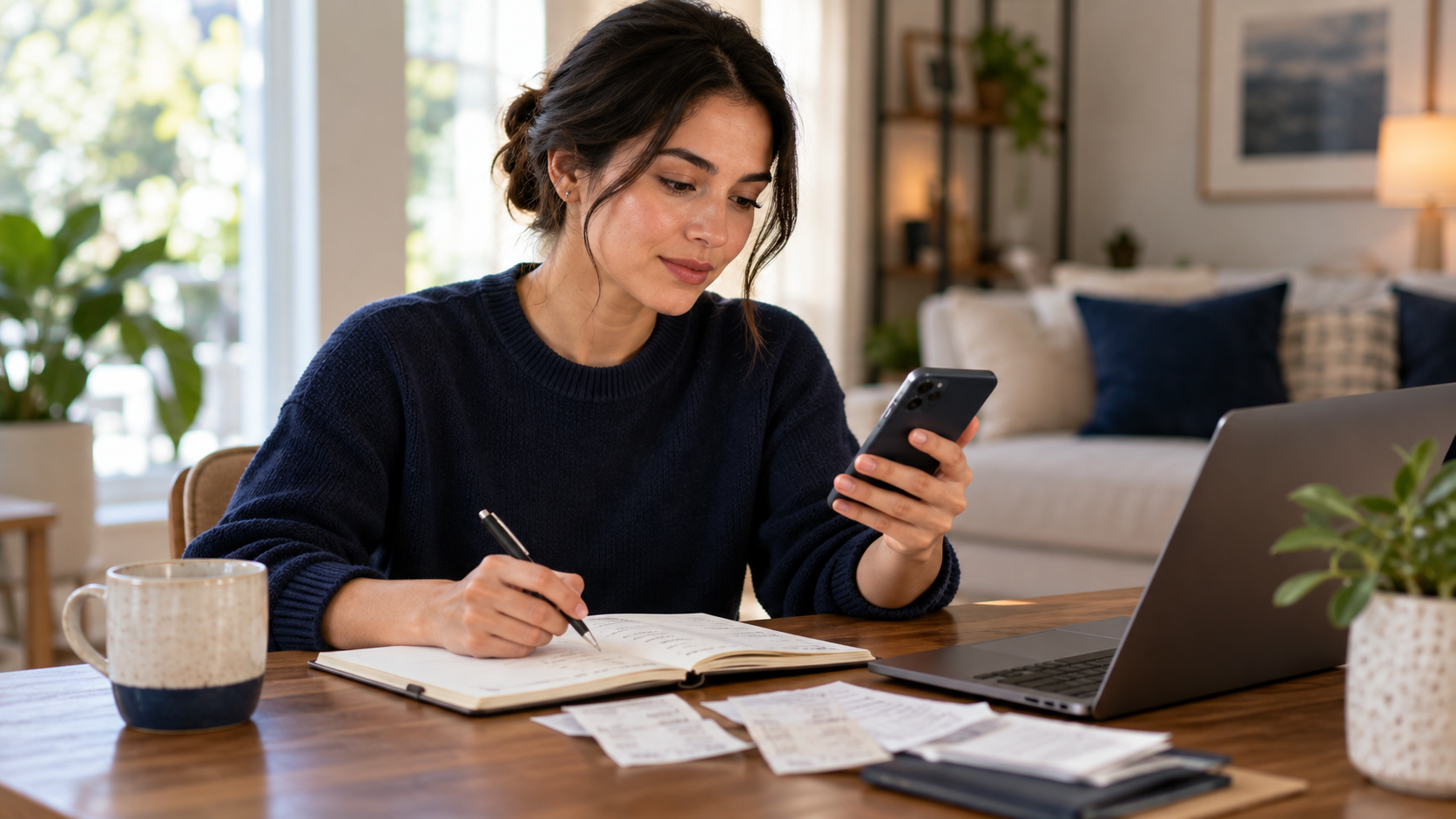 Person reviewing a banking balance on a smartphone while comparing written payment records at a desk